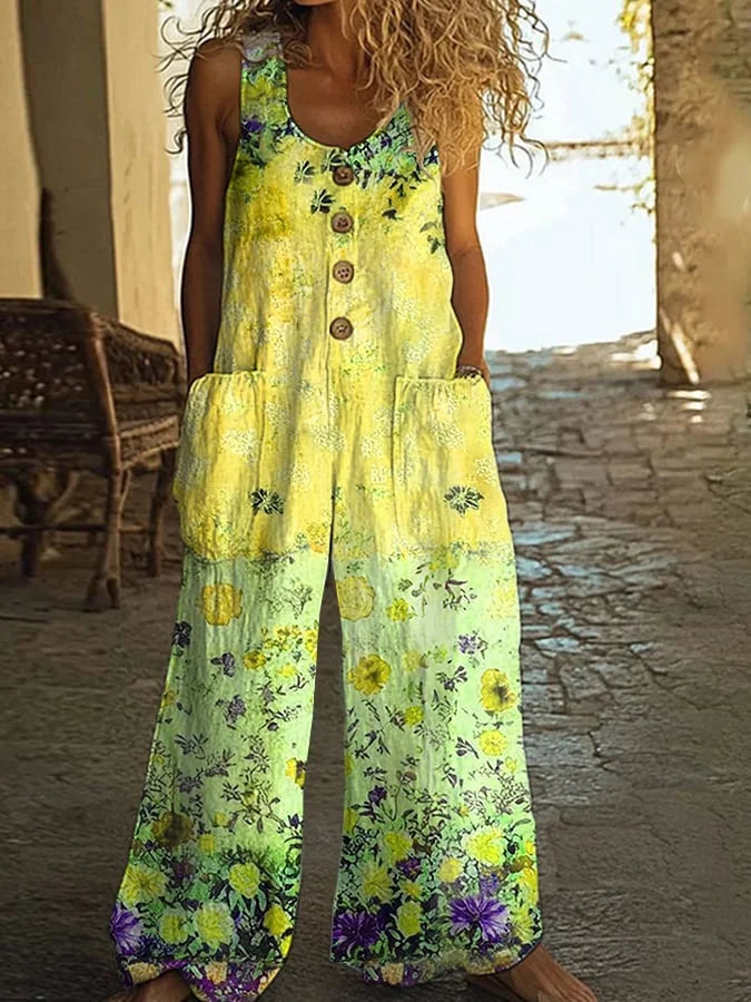 Naiste vabaaja stiilis lilleprindi jumpsuit