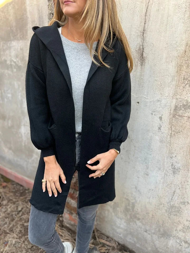 Casual pikk kardigan taskute ja kapuutsiga