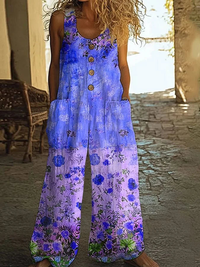 Naiste vabaaja stiilis lilleprindi jumpsuit