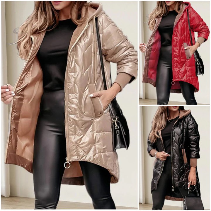 Naiste pikk ühevärviline kapuutsiga jakk