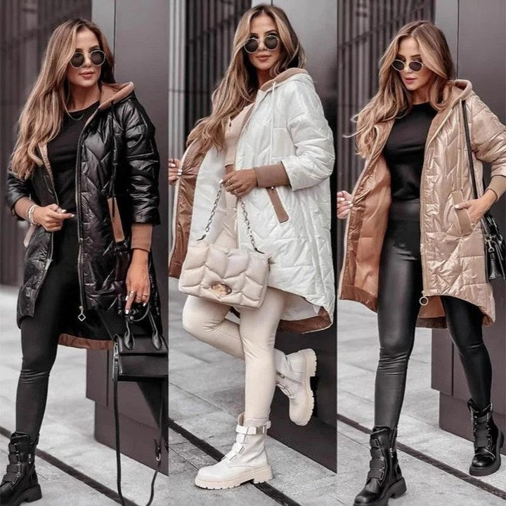 Naiste pikk ühevärviline kapuutsiga jakk