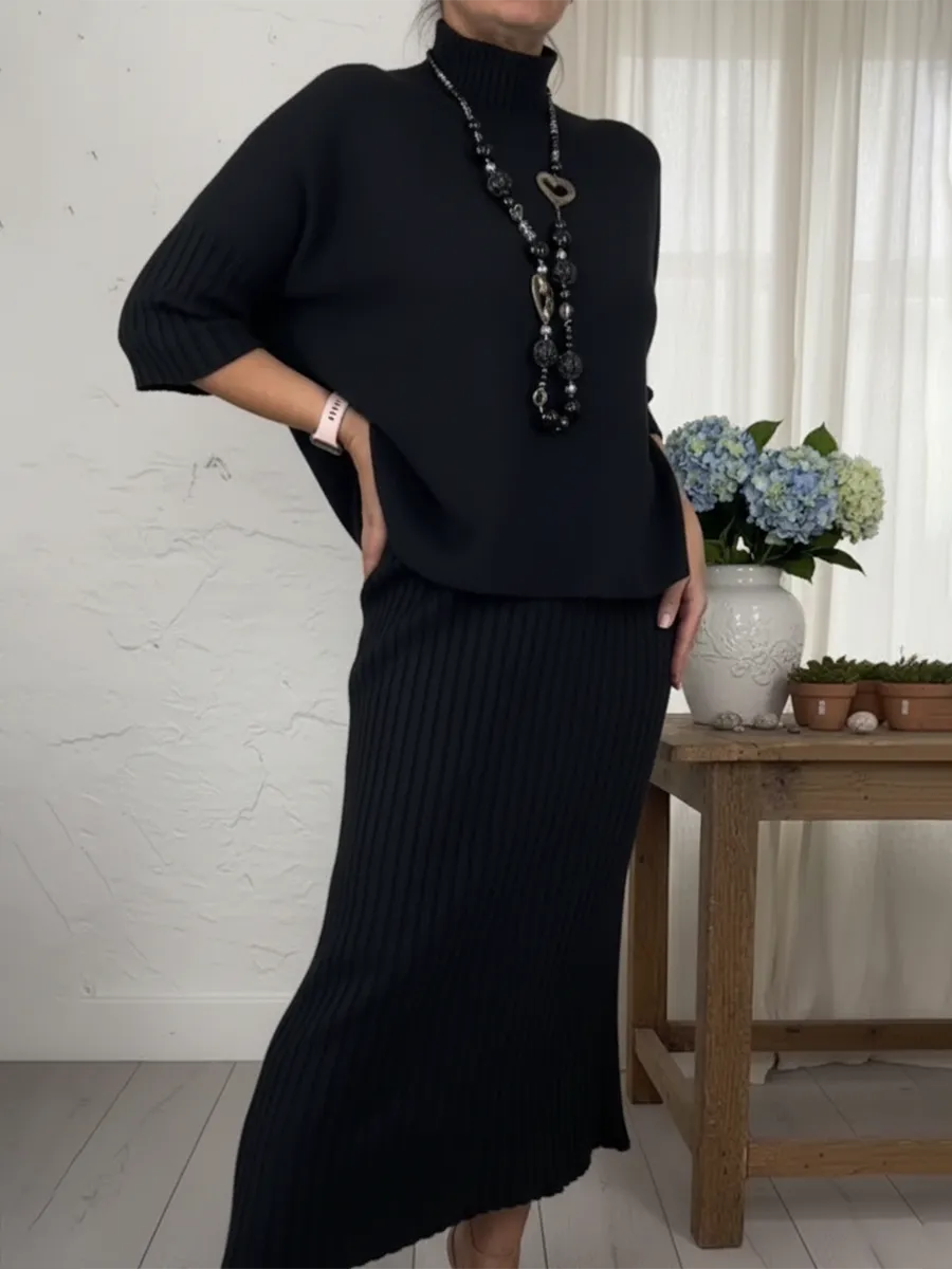 Elegantne turtleneck pusle ja seelik, kaheosaline komplekt