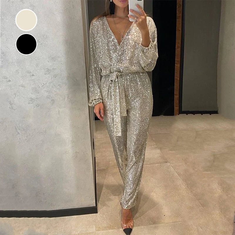 Kiiltav naiste V-kaelusega jumpsuit