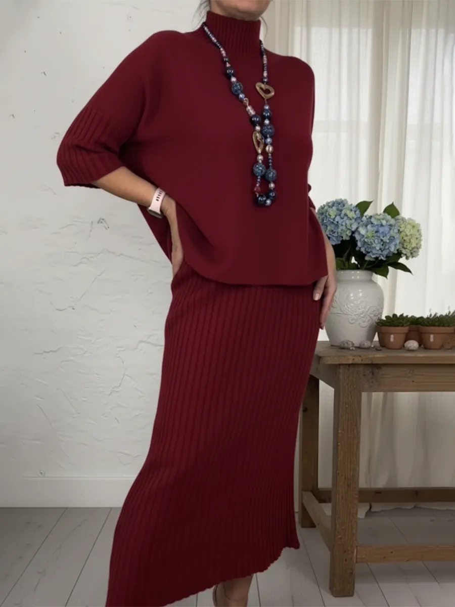 Elegantne turtleneck pusle ja seelik, kaheosaline komplekt