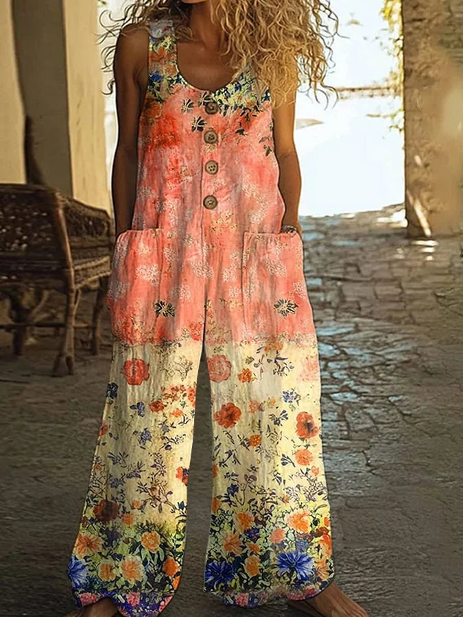 Naiste vabaaja stiilis lilleprindi jumpsuit