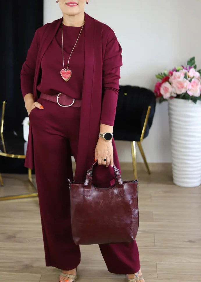 Elegantne pikk kampsun, pluus ja püksid, 3-osaline komplekt