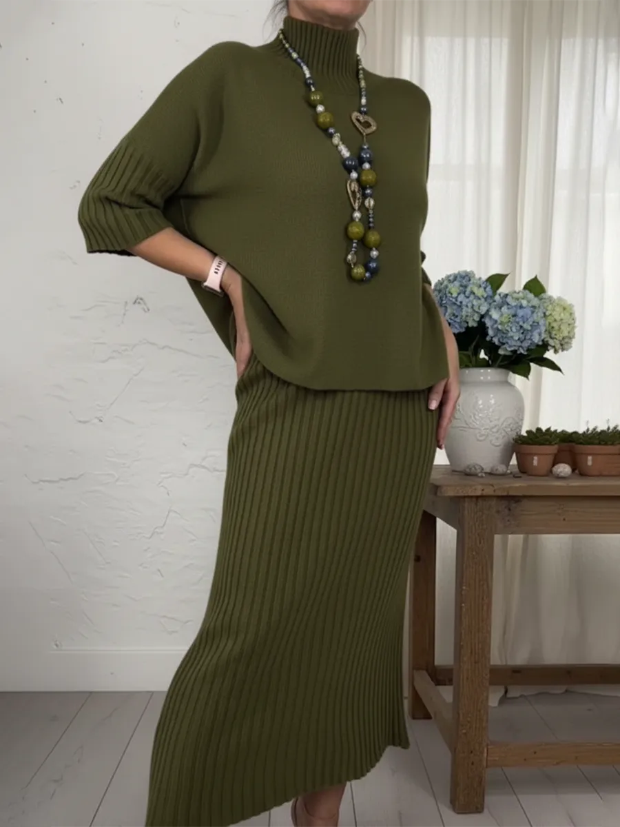 Elegantne turtleneck pusle ja seelik, kaheosaline komplekt