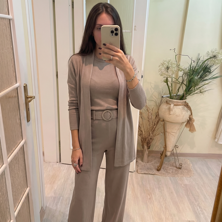 Elegantne pikk kardigan, pluus ja püksid, 3-osaline komplekt