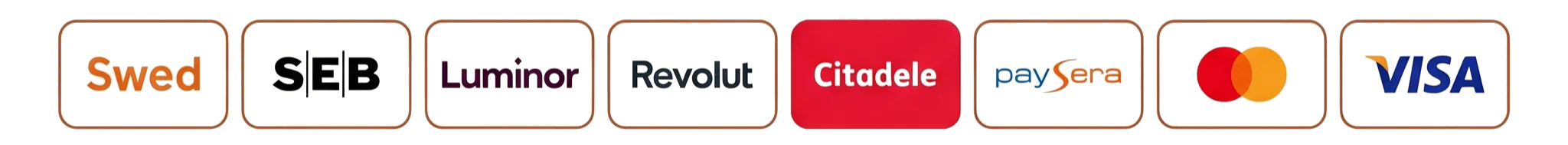 Swedbank, SEB, Luminor, Revolut, Citadele, Paysera, Mastercard, VISA